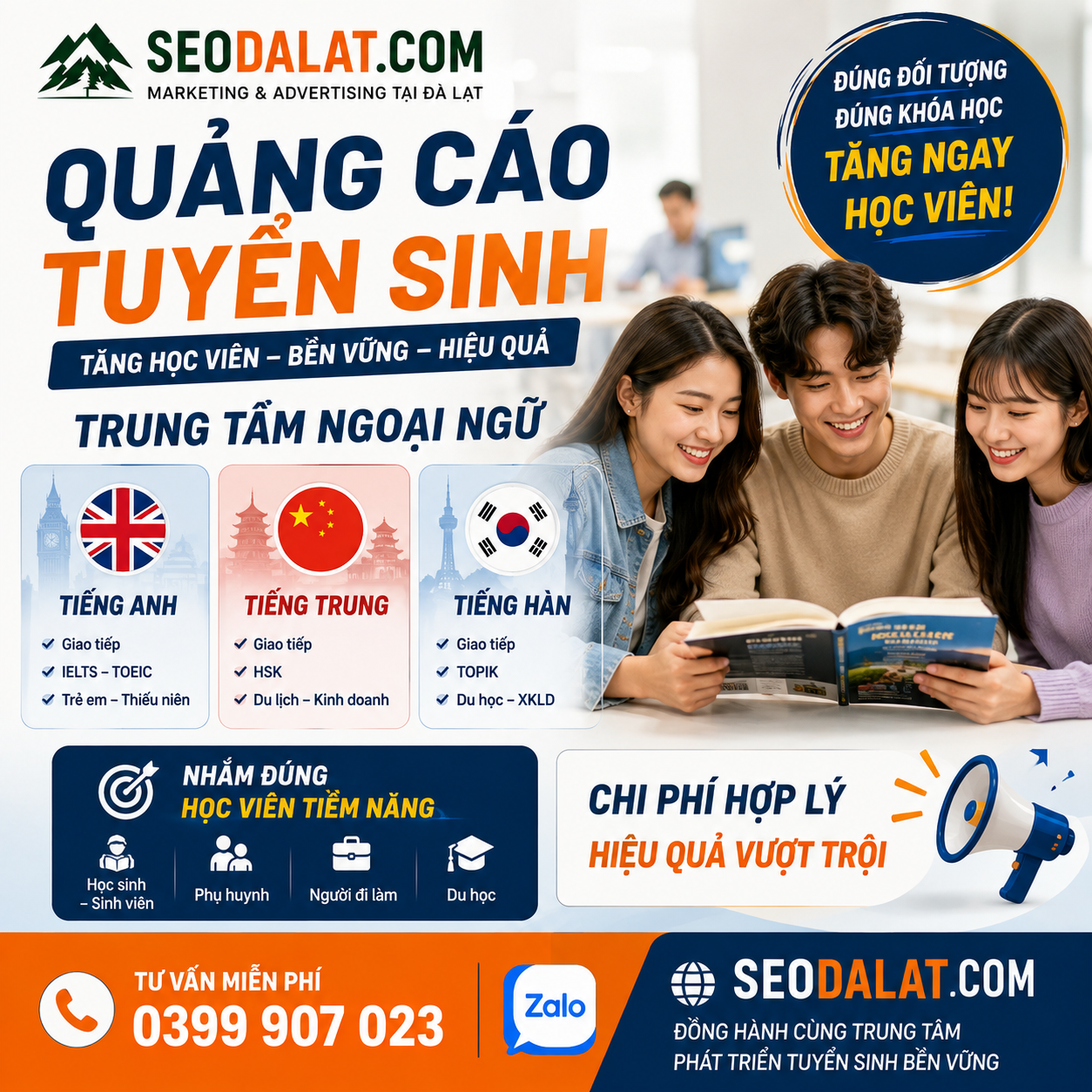 Quảng cáo tuyển sinh trung tâm Anh, Trung, Hàn tại Đà Lạt